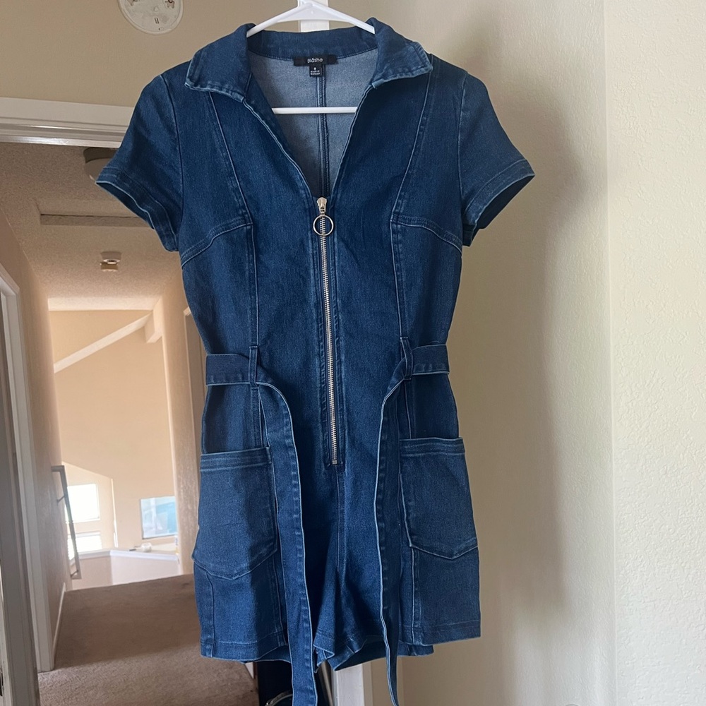 Blashe Denim Short-Sleeve Zip Romper in Dark Blue